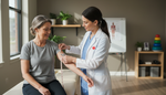 Occupational therapist measuring a patient's arm for a custom pressure garment as part of burn scar management