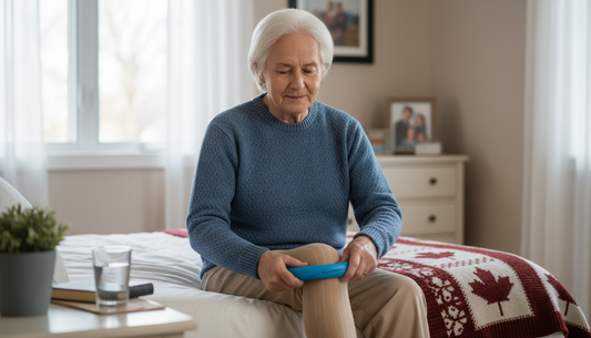 Older adult using a Doff n' Donner donning aid to put on a compression sock independently at home