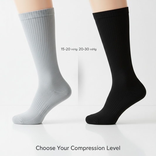 Two distinct knee-high compression socks, one light grey (15-20 mmHg) and one black (20-30 mmHg), side-by-side on a clean background, illustrating the choice between levels for different needs. Article: 15-20 mmHg vs. 20-30 mmHg Compression Socks.
