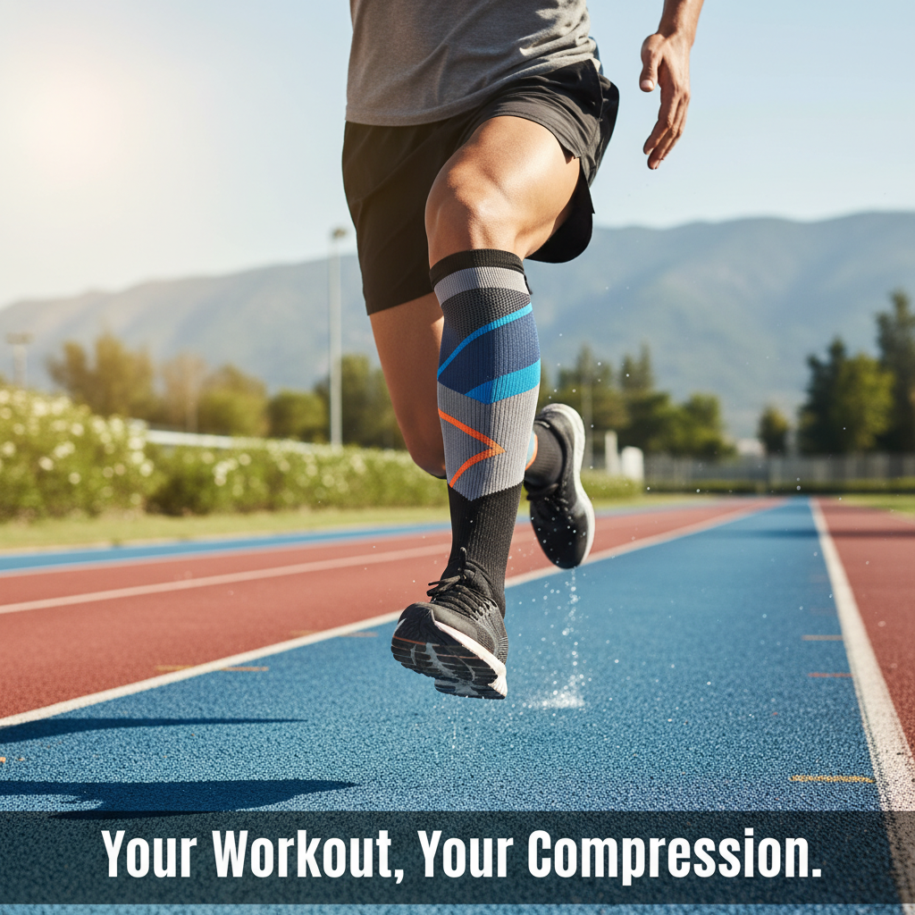 Runner in compression socks, illustrating the choice between 15-20 mmHg and 20-30 mmHg for workouts. Focus on lower legs, active outdoor setting. Choosing the Right Compression for Your Workout.