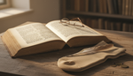 Open antique medical book beside a modern compression stocking on a wooden table