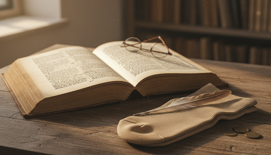 Open antique medical book beside a modern compression stocking on a wooden table