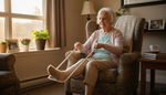 Senior using a stocking donning aid to put on a compression sock independently in their assisted living suite