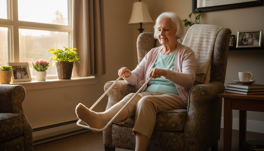 Senior using a stocking donning aid to put on a compression sock independently in their assisted living suite