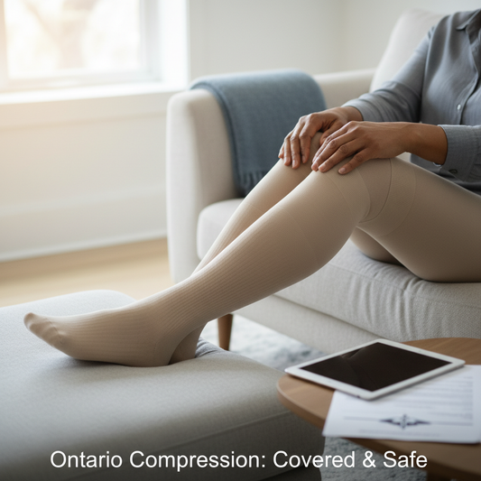 A person wearing 20-30 mmHg compression socks in a bright home, with text "Ontario Compression: Covered & Safe." Image for "20-30 mmHg Compression Socks in Ontario: Prescription, Insurance, and Safe Use Guide."