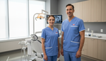Dentist and dental hygienist in scrubs at a Canadian dental clinic