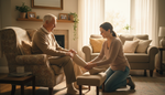 Family caregiver helping an older adult put on an easy-on compression sock at home
