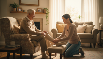 Family caregiver helping an older adult put on an easy-on compression sock at home