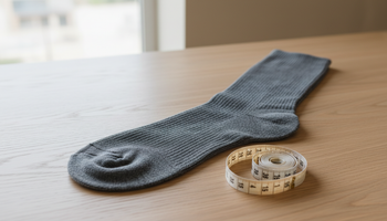 Knee-high compression sock laid flat with a soft tape measure beside it