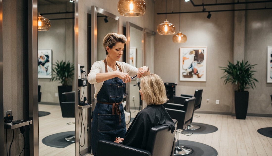 Hairstylist working behind a salon chair during a busy day at a modern Canadian salon