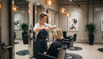 Hairstylist working behind a salon chair during a busy day at a modern Canadian salon