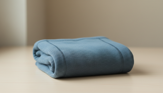 Folded flat-knit compression garment in soft daylight on a clean wooden surface