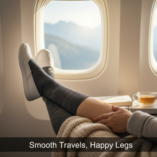 A person's lower legs, wearing sleek compression socks, relaxed and comfortable in a bright travel setting, symbolizing relief from common leg problems like swelling, cramps, and DVT during long journeys. The image conveys comfort and healthy circulation.
