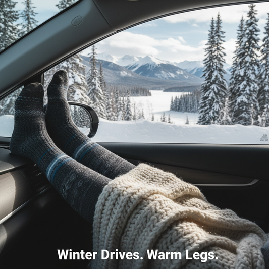 Person's legs in merino wool compression socks, cozy in a car with a snowy Canadian winter landscape outside. Highlights comfort for winter road trips, preventing fatigue and cold.