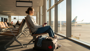 Traveller at an airport gate with folded compression socks packed in a carry-on bag