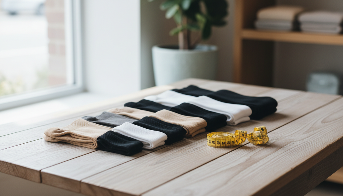 Compression stockings in different sizes arranged beside a soft tape measure