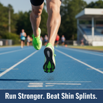 Close-up of a runner's lower leg in mid-stride on a track, illustrating the common shin splint mistakes and physio-backed fixes for runners.