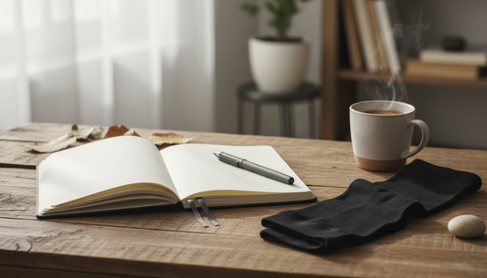 Open notebook beside a compression stocking on a wooden desk