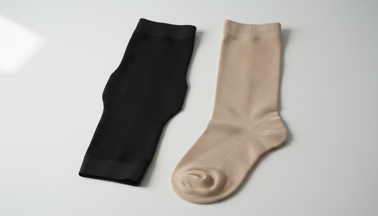 Compression calf sleeve and knee-high compression stocking displayed side by side for comparison