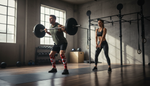 Functional fitness athlete wearing knee-high compression socks during a barbell session at a CrossFit box