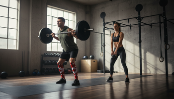 Functional fitness athlete wearing knee-high compression socks during a barbell session at a CrossFit box
