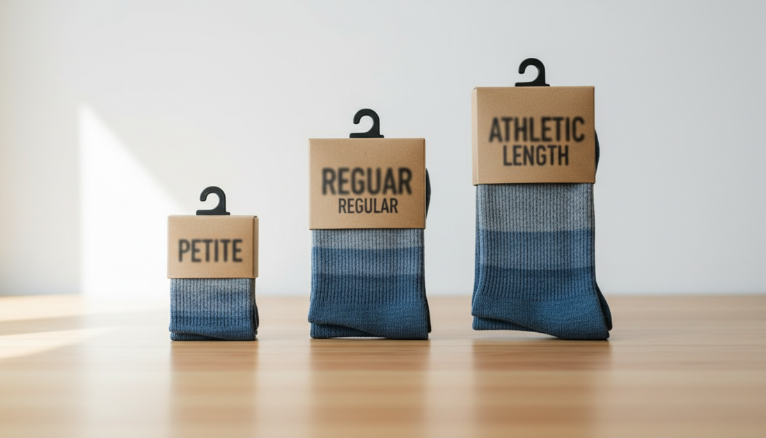 Compression sock packages in petite, regular, and athletic lengths arranged for size comparison