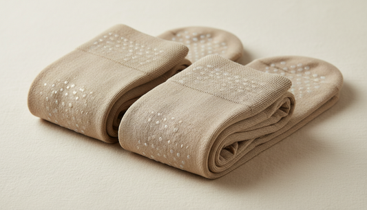 Thigh-high compression stockings with silicone dot bands at the top visible in detail