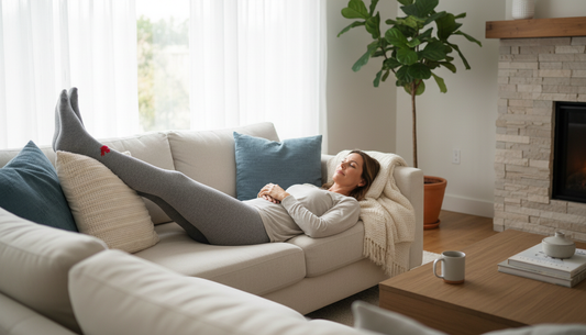 Adult elevating their legs on a couch while wearing compression socks at home