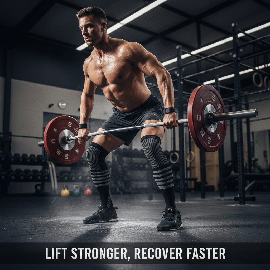 Athlete in compression socks lifting weights in a CrossFit gym, showcasing enhanced performance and recovery. Headline: Lift Stronger, Recover Faster. Best compression socks for CrossFit and weightlifting.
