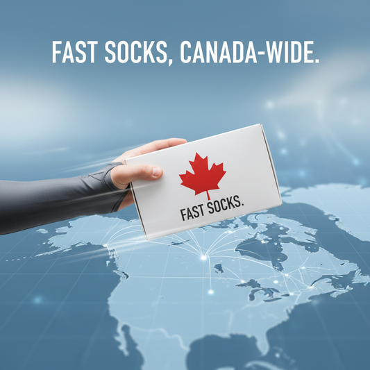 A package with a Canadian maple leaf logo, in motion, symbolizing fast shipping of compression socks across Canada. Text: "FAST SOCKS, CANADA-WIDE." for quick delivery by province, cut-offs, and costs.