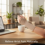 A person's hand wearing a light-colored graduated compression wrist sleeve, resting comfortably on a modern desk, illustrating advanced strategies for wrist pain relief and management.