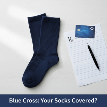 Flat lay of medical-grade compression socks, a prescription pad, and an insurance card, illustrating Blue Cross coverage for compression socks in Canada. A definitive guide to eligibility and claims.