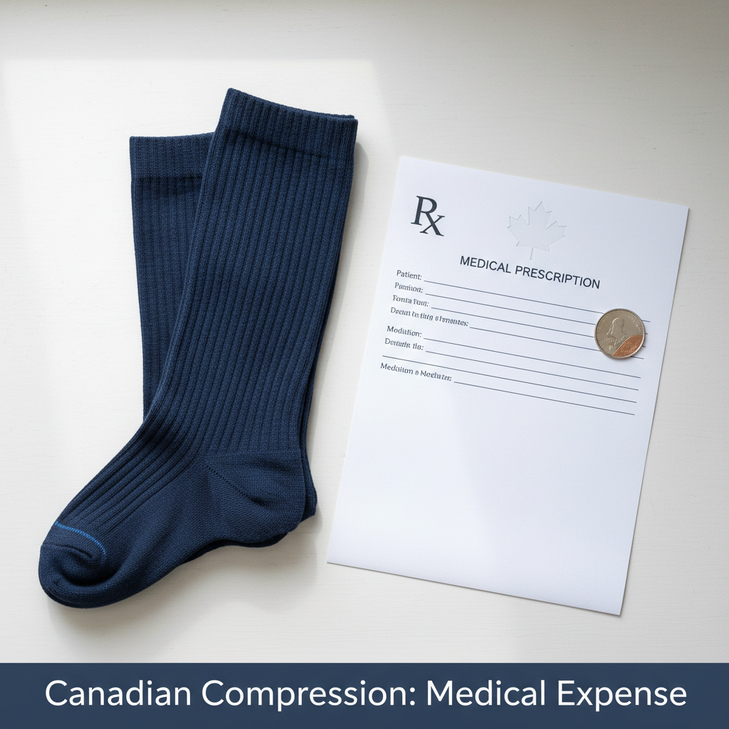 A flat lay image showing a pair of medical-grade compression socks, a prescription pad with a Canadian maple leaf, and a Canadian dollar coin on a clean desk, illustrating "Are Compression Socks a Medical Expense in Canada? A Complete Guide".