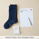 A flat lay image showing medical-grade compression socks, a Canadian tax form, a pen, and a receipt, illustrating the topic: Are Compression Socks Tax Deductible in Canada? Your 2024 Guide.