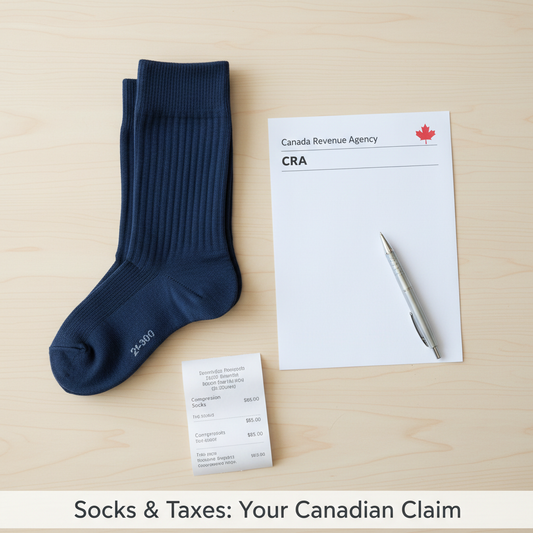 A flat lay image showing medical-grade compression socks, a Canadian tax form, a pen, and a receipt, illustrating the topic: Are Compression Socks Tax Deductible in Canada? Your 2024 Guide.