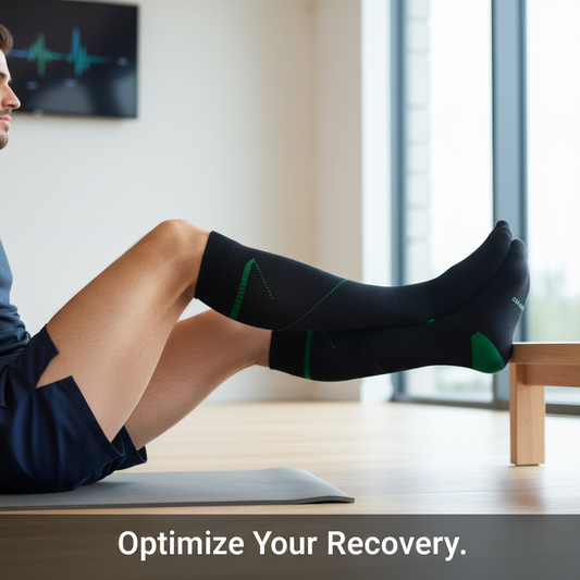 Fit male athlete wearing knee-high athletic recovery compression socks, 15-20 or 20-30 mmHg, for post-workout recovery in Canada. Image shows legs with socks, promoting enhanced blood flow and reduced soreness.