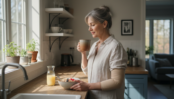 Woman wearing a compression armsleeve during her daily routine at home