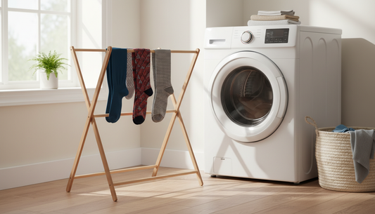 Compression socks air-drying on a wooden rack in a Canadian laundry room next to a front-load washing machine