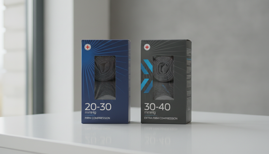 Two compression sock packages side by side for higher pressure class comparison