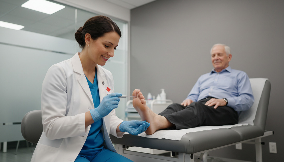 Podiatrist examining a patient's foot with a 10-gram monofilament to screen for diabetic peripheral neuropathy