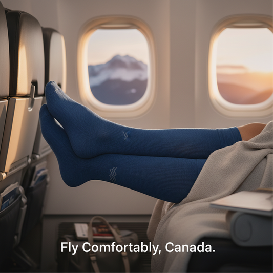 Person wearing stylish knee-high compression socks, seated comfortably with a travel background, promoting best compression socks for flying in Canada.