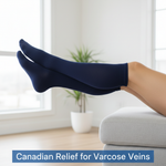 Close-up of legs wearing medical-grade compression socks, conveying relief for varicose veins. Image features "Canadian Relief for Varicose Veins" headline. Best Compression Socks for Varicose Veins in Canada.