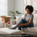 Person comfortably wearing compression socks, with a delivery box nearby, symbolizing fast shipping and perfect fit in Ontario. Insurance-ready receipts and sizing tips.