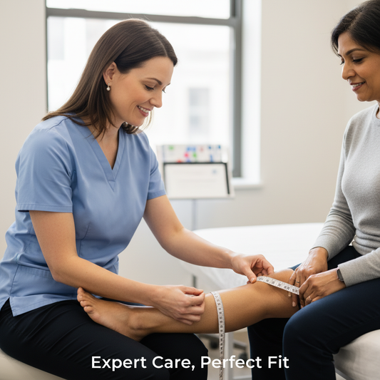 A certified compression fitter measures a patient's leg in a clinic, illustrating the precision and care needed for medical-grade garments. Article: Certified Compression Fitters in Ontario: When You Need One and How to Choose.