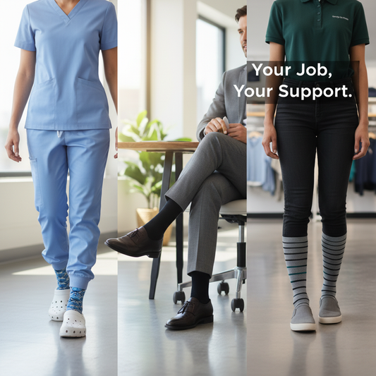 Diverse professionals (nurse, office worker, retail associate) wearing compression socks, illustrating tailored support for different job demands. Image highlights choosing the right compression levels (mmHg) for comfort and energy at work.