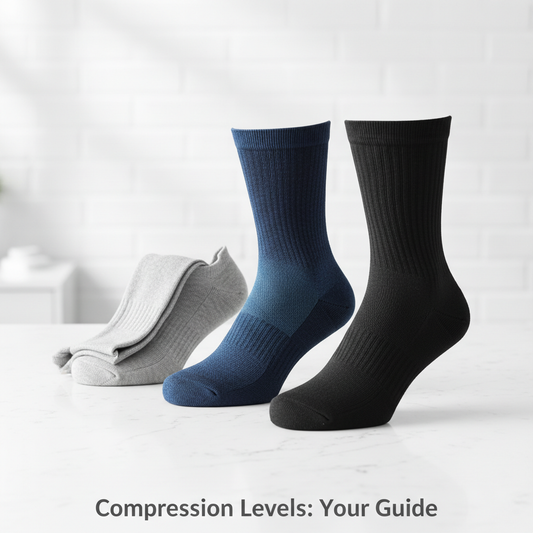 Three pairs of compression socks representing 15-20, 20-30, and 30-40 mmHg levels, artfully arranged on a clean surface, illustrating Compression Levels in Canada Explained.