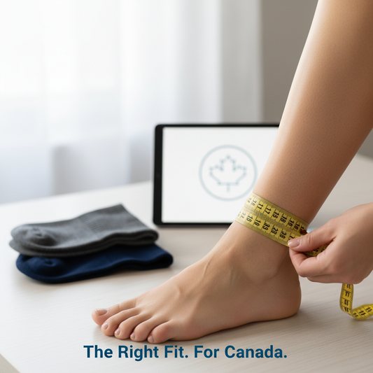Person measuring their ankle with a tape measure, with compression socks nearby, illustrating the guide for compression sock size & mmHg level in Canada to get the right fit.