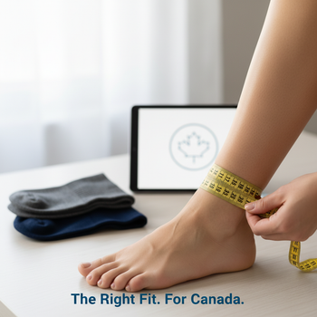 Person measuring their ankle with a tape measure, with compression socks nearby, illustrating the guide for compression sock size & mmHg level in Canada to get the right fit.