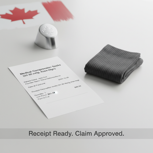 A detailed, insurance-ready receipt for medical compression socks, showing required details like mmHg level, patient name, and cost, alongside a folded compression sock on a clean desk. Visual guide for Canadian insurance claims and tax credits.