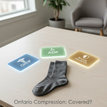 Overhead view of a desk with three glowing pathways (OHIP, ADP, Private Insurance) converging on compression socks, asking "Ontario Compression: Covered?". Illustrates coverage options for compression socks in Ontario.